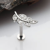 Detail View 1 of Dainty Leaflet Sparkle Interally Threaded Labret-Clear Gem