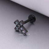 Detail View 1 of Blackline Grand Sparkle Cross Top Internally Threaded Steel Flat Back Stud Labret-Vitrail Medium