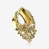 A Pair of Golden Majestic Filigree Teardrop Steel Double Flared Tunnel Plug