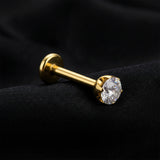 Detail View 1 of Implant Grade Titanium OneFit Threadless Golden Flush Prong Set Sparkle Gem Top Flat Back Stud Labret-Clear Gem
