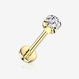 Implant Grade Titanium OneFit Threadless Golden Flush Prong Set Sparkle Gem Top Flat Back Stud Labret-Clear Gem