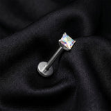 Detail View 1 of Implant Grade Titanium OneFit Threadless Square Gem Smooth Back Prong Set Top Flat Back Labret-Aurora Borealis