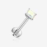 Implant Grade Titanium OneFit Threadless Square Gem Smooth Back Prong Set Top Flat Back Labret-Aurora Borealis