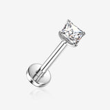 Implant Grade Titanium OneFit Threadless Square Gem Smooth Back Prong Set Top Flat Back Labret-Clear Gem