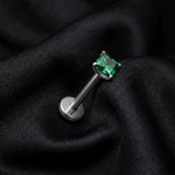 Detail View 1 of Implant Grade Titanium OneFit Threadless Square Gem Smooth Back Prong Set Top Flat Back Labret-Emerald