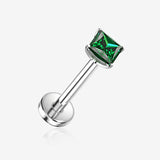 Implant Grade Titanium OneFit Threadless Square Gem Smooth Back Prong Set Top Flat Back Labret-Emerald
