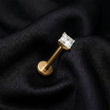 Detail View 1 of Implant Grade Titanium OneFit Threadless Golden Square Gem Smooth Back Prong Set Top Flat Back Labret-Clear Gem