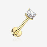 Implant Grade Titanium OneFit Threadless Golden Square Gem Smooth Back Prong Set Top Flat Back Labret-Clear Gem
