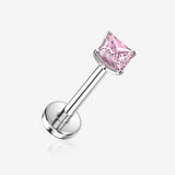 Implant Grade Titanium OneFit Threadless Square Gem Smooth Back Prong Set Top Flat Back Labret-Pink