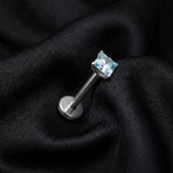 Detail View 1 of Implant Grade Titanium OneFit Threadless Square Gem Smooth Back Prong Set Top Flat Back Labret-Aqua