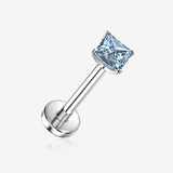 Implant Grade Titanium OneFit Threadless Square Gem Smooth Back Prong Set Top Flat Back Labret-Aqua