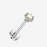 Implant Grade Titanium OneFit Threadless Square Gem Prong Set Top Flat Back Labret-Aurora Borealis