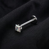 Detail View 1 of Implant Grade Titanium OneFit Threadless Square Gem Prong Set Top Flat Back Labret-Aurora Borealis
