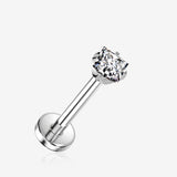 Implant Grade Titanium OneFit Threadless Square Gem Prong Set Top Flat Back Labret-Clear Gem