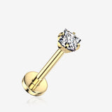 Implant Grade Titanium OneFit Threadless Golden Square Gem Prong Set Top Flat Back Labret-Clear Gem