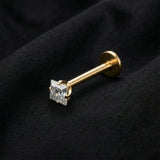 Detail View 1 of Implant Grade Titanium OneFit Threadless Golden Square Gem Prong Set Top Flat Back Labret-Clear Gem
