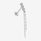 Implant Grade Titanium OneFit Threadless Triple Linear Sparkle Chain Drop Top Flat Back Labret-Clear Gem