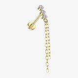 Implant Grade Titanium OneFit Threadless Golden Triple Linear Sparkle Chain Drop Top Flat Back Labret-Clear Gem
