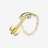 Implant Grade Titanium OneFit Threadless Golden Chained Solitaire Sparkle Curve Bar Top Flat Back Labret-Clear Gem