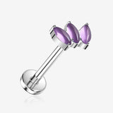 Implant Grade Titanium OneFit Threadless Triple Marquise Floral Amethyst Flat Back Stud Labret