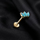 Detail View 1 of Implant Grade Titanium OneFit Threadless Golden Triple Marquise Floral Turquoise Flat Back Stud Labret