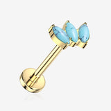 Implant Grade Titanium OneFit Threadless Golden Triple Marquise Floral Turquoise Flat Back Stud Labret