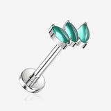 Implant Grade Titanium OneFit Threadless Triple Marquise Floral Green Onyx Flat Back Stud Labret