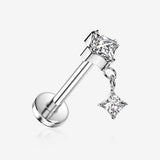Implant Grade Titanium OneFit Threadless Double Diamante Dangle Sparkle Top Flat Back Stud Labret-Clear Gem