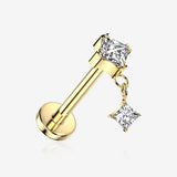 Implant Grade Titanium OneFit Threadless Golden Double Diamante Dangle Sparkle Top Flat Back Stud Labret-Clear Gem