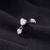 Detail View 1 of Implant Grade Titanium OneFit Threadless Double Heart Dangle Sparkle Top Flat Back Stud Labret-Clear Gem