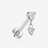 Implant Grade Titanium OneFit Threadless Double Heart Dangle Sparkle Top Flat Back Stud Labret-Clear Gem