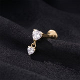 Detail View 1 of Implant Grade Titanium OneFit Threadless Golden Double Heart Dangle Sparkle Top Flat Back Stud Labret-Clear Gem