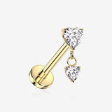 Implant Grade Titanium OneFit Threadless Golden Double Heart Dangle Sparkle Top Flat Back Stud Labret-Clear Gem