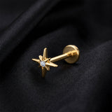 Detail View 1 of Implant Grade Titanium OneFit Threadless Golden Starburst Sparkle Flat Back Stud Labret-Clear Gem