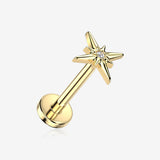 Implant Grade Titanium OneFit Threadless Golden Starburst Sparkle Flat Back Stud Labret-Clear Gem