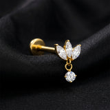 Detail View 1 of Implant Grade Titanium OneFit Threadless Golden Floral Marquise Dangle Sparkle Flat Back Stud Labret-Clear Gem