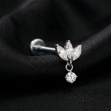 Detail View 1 of Implant Grade Titanium OneFit Threadless Floral Marquise Dangle Sparkle Flat Back Stud Labret-Clear Gem