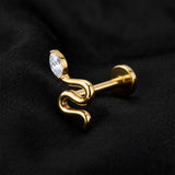 Detail View 1 of Implant Grade Titanium OneFit Threadless Golden Sparkle Snake Top Flat Back Stud Labret-Clear Gem