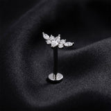 Detail View 1 of Implant Grade Titanium OneFit Threadless Marquise Floral Wing Top Flat Back Stud Labret-Clear Gem