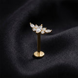 Detail View 1 of Implant Grade Titanium OneFit Threadless Golden Marquise Floral Wing Top Flat Back Stud Labret-Clear Gem