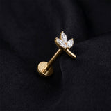 Detail View 1 of Implant Grade Titanium OneFit Threadless Golden Sparkle Marquise Leaflets Top Flat Back Stud Labret-Clear Gem