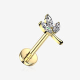 Implant Grade Titanium OneFit Threadless Golden Sparkle Marquise Leaflets Top Flat Back Stud Labret-Clear Gem