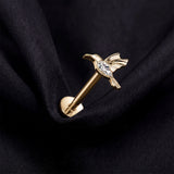 Detail View 1 of Implant Grade Titanium OneFit Threadless Golden Hummingbird Sparkle Top Flat Back Stud Labret-Clear Gem