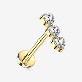 Implant Grade Titanium OneFit Threadless Golden Triple Heart Sparkles Top Flat Back Stud Labret-Clear Gem