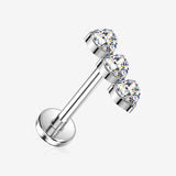 Implant Grade Titanium OneFit Threadless Triple Heart Sparkles Top Flat Back Stud Labret-Clear Gem