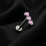 Detail View 1 of Implant Grade Titanium OneFit Threadless Triple Heart Sparkles Top Flat Back Stud Labret-Pink