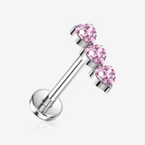 Implant Grade Titanium OneFit Threadless Triple Heart Sparkles Top Flat Back Stud Labret-Pink