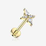 Implant Grade Titanium OneFit Threadless Golden Spear Sparkle Cross Top Flat Back Stud Labret-Clear Gem
