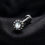 Detail View 1 of Implant Grade Titanium OneFit Threadless Sparkle Floral Bali Beads Top Flat Back Stud Labret-Aurora Borealis