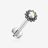 Implant Grade Titanium OneFit Threadless Sparkle Floral Bali Beads Top Flat Back Stud Labret-Aurora Borealis